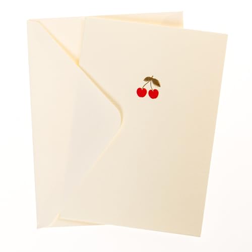 Graphique Cherries Cards, Pack of 10 Cards with Envelopes, All Occasion Greetings, Blank Inside, Gold Foil Embossing, La Petite Press Collection Boxed Set, 3.25" x 4.75" - color: Cherries