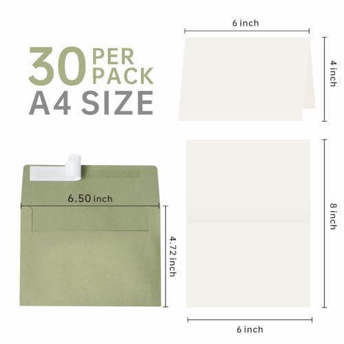 30 Pack Sage Green A4 Blank Cards with Envelopes, 4x6 Folded Cardstock and Matching Self-Seal Envelopes, Printable Thank You Greeting Cards, for DIY, Custom Printing, Wedding, Birthday & All Occasions - color: Sage Green, size: 30 Pack A4 Cards and Envelo