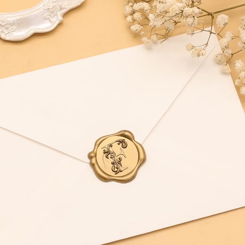 SWANGSA Initial Alphabet Wax Seal Stickers, 100 Pcs Antique Gold 3D Floral Letter F Envelope Seal Stickers Self- Adhesive, Perfect for Wedding Invitation, Christmas, Gift Wrapping - size: 100, style: F