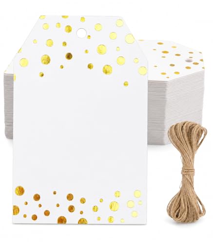 G2PLUS Gold Foil Dots Gift Tags, 50 Pcs White Paper HangTags with String, Metallic Gold Dots Present Tags, Personalized Blank Labels for Wedding, Birthday, Party Favors (3.34"×2.16") - style: Blank-Gold Dots