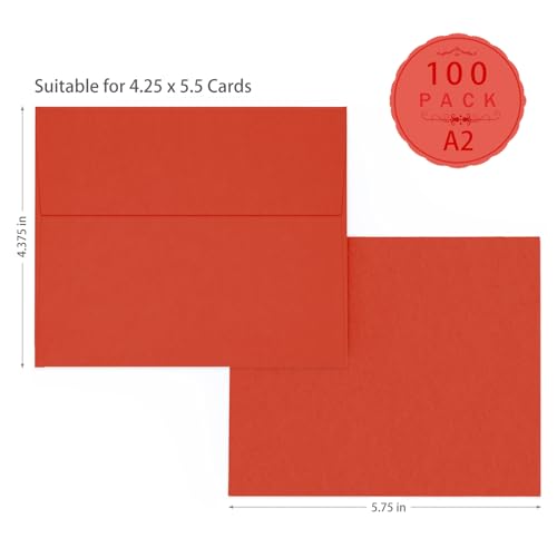 Red A2 Invitation Envelopes Self Seal 100 Pack, 4.375 x 5.75 - color: red, size: A2