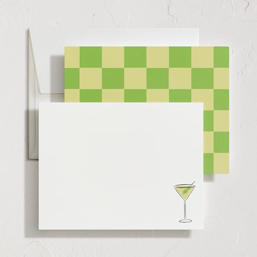 Minted Martini Stationery Set, Set of 10, Flat Note Cards & Envelopes for Invitiations and Handwritten Thank You Messages, Martini Design & Green Checkerboard Back, Gifts for Women, Luxurious Paper - color: Martini