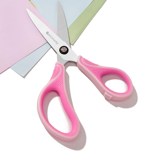 7" Kids Scissors Ages 8+ for School, 3-Pack Soft Comfort Grip, Pointed Tip | Durable Stainless Steel Blades Perfect for Students Class Projects, DIY, Arts, Home, Red/Pink/Blue