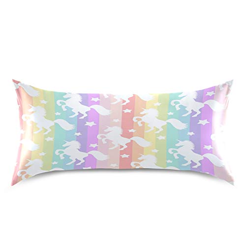 Satin Pillowcase for Hair and Skin, Standard Size Cute Licorne Rainbow Stripe Decorative Pillow Sham with Envelope Closure Pillow Cover for Bedroom Hotel - color: Unicorn, size: 20x26in