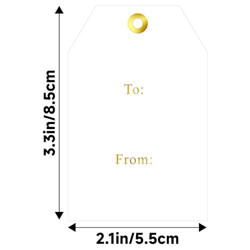 G2PLUS to and from Tags - 50Pcs Gift Tags with String, 3.3x2.2 in White Paper Name Tag, Foil Gold Party Favors Hangtag for Birthday, Wedding, Christmas - style: to from-Gold Hole Dots