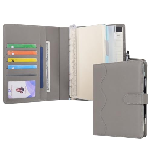 Wason A5 Binder PU Leather Journal Ring Portfolio Lined Notebook Refillable Paper Diary with Removable Clipboard Writing Notepad for Travel Business School Agenda Organizer (Grey) - color: Grey