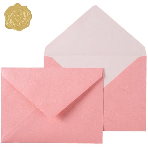50 Pieces A7 Envelopes 5x7 with Gold Stickers, Rose, Pink | Vines Flower Texture Pattern, V Flap Luxury Mailing for Invitations, Wedding, Graduation, Baby Shower - color: Pink