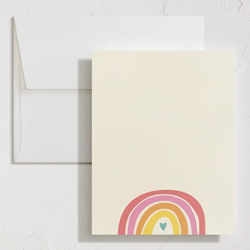 Minted Cheerful Stationery Set, Set of 10, Flat Note Cards & Envelopes for Invitiations and Handwritten Thank You Messages, Rainbow with Heart Accent, Gifts for Teachers - color: Cheerful