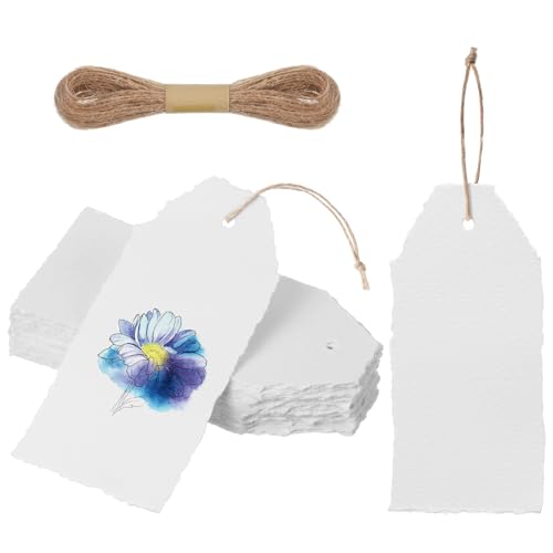 Feifeiya 50 Pack Handmade Vintage Deckle Edge Tag with String White | 3.75 x 1.75 In Blank Hang Gift Tags 160 Gsm Cotton Paper Name Card Labels for Thanksgiving Christmas DIY Arts Crafts - color: White