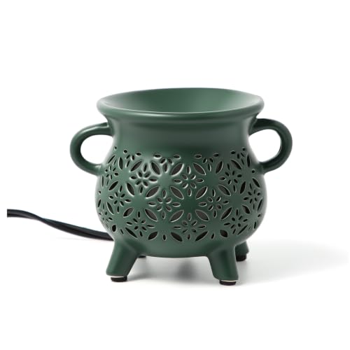 TTJ Ceramic Cauldron Wax Melt Warmer with Floral, Electric Wax Burner for Home Fragrance, Decorative Candle Warmer with Two Handles, Ideal Gift for Valentine's Day, Wedding, Birthday,Dark Green - color: Dark Green