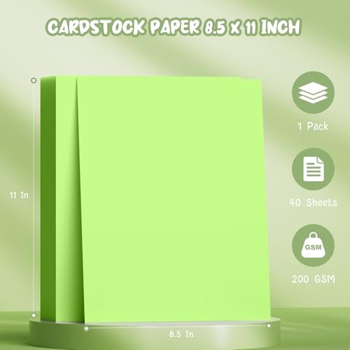 40 Sheets Green Cardstock 8.5 x 11, Light Green Cardstock Printer Paper | Green Card Stock Paper 8.5x11, 200 GSM Green Construction Paper, Heavy Card Stock for DIY Cards, Invitations, Greeting Cards - color: Green, size: 8.5x11 IN-40 Sheets