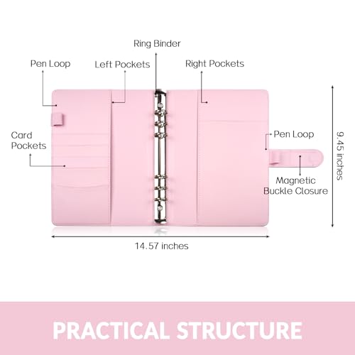 Sooez A5 Notebook Photocard Binder, 6 Ring Planner with Stylish Design, Loose Leaf Personal Organizer Cover with Magnetic Buckle, PU Leather Binder with Soft Colors - color: Shiny Pink, size: A5