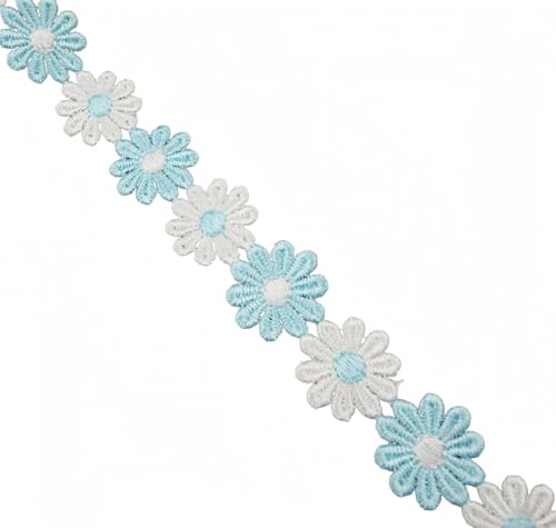 15 Yards Daisy Flower Lace Trim Embroidered Floral Lace Sewing Trim Ribbons for Embellishment Craft Dress Hair Accessories Decorations (White+Blue, 1" x 15 Yards) - color: White+Blue