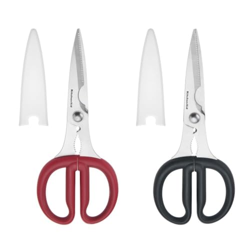 KitchenAid 2-Piece Multipurpose Shear Set – Versatile Scissors with Nutcracker, Bottle Opener, Ergonomic Handles with Protective Blade Covers - color: Red/Black, size: 2 Pack