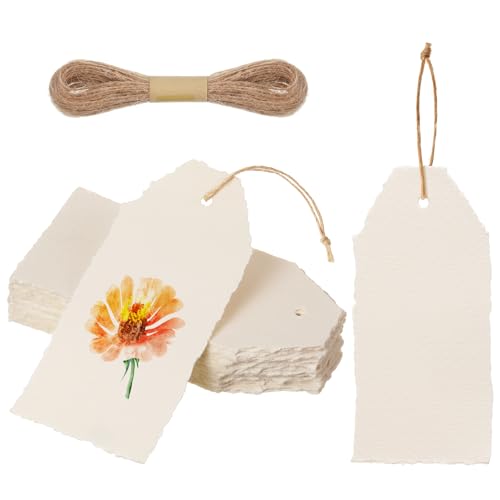 Feifeiya 50 Pack Handmade Vintage Deckle Edge Tag with String Vintage Beige | 3.75 x 1.75 In Blank Hang Gift Tags 160 GSM Cotton Paper Name Card Labels for Thanksgiving Christmas DIY Arts Crafts - color: Vintage Beige