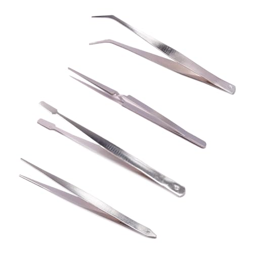 4 Count Stainless Steel Tweezer Set for Crafting & Precision Tasks - Essential Tools for DIY Projects, Jewelry Making, Scrapbooking, and Miniatures