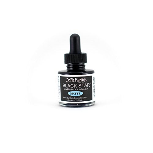 Dr. Ph. Martin's Black Star India Ink (Matte) Ink Bottle, 1.0 oz, Matte Black, 1 Bottle