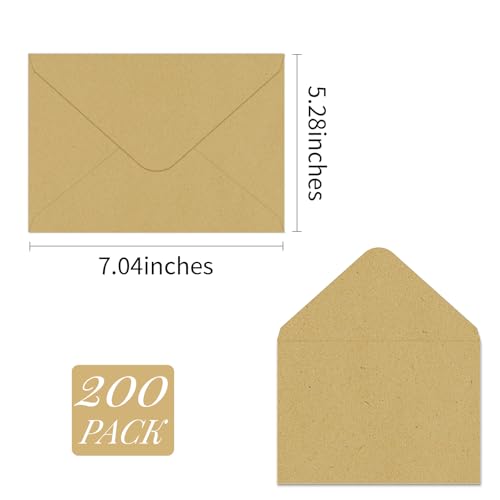 200 Pack A7 Kraft Envelopes 5x7 Invitation Envelopes V Flap | for 5x7 Photos,Cards,Office,Greeting Card,Wedding, Graduation,Baby Shower,Party, Invitations ,Self-Adhesive,5.28"x7.04" - color: Kraft, size: A7
