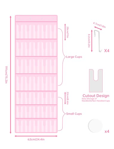 NiHome 35-Pocket Door Hanging Cup Organizer Fit for Stanley Tumbler 30 40oz | Large Capacity Over the Door Water Bottle Storage with Nano Tape, Waterproof Oxford Fabric, U-Shaped Handle Slots (Pink) - color: Pink (Upgraded), size: 75.2'' x 24.4"