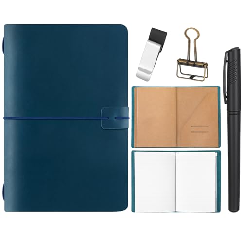 Thenshop Leather Travel Notebook 3 Inserts,Blue,A5 Size | Refillable Travel Journal with Pen Holder and Clip, Passport Notebook Accessories for Organizing Notes, Handmade Diary - color: Blue, size: A5 Size