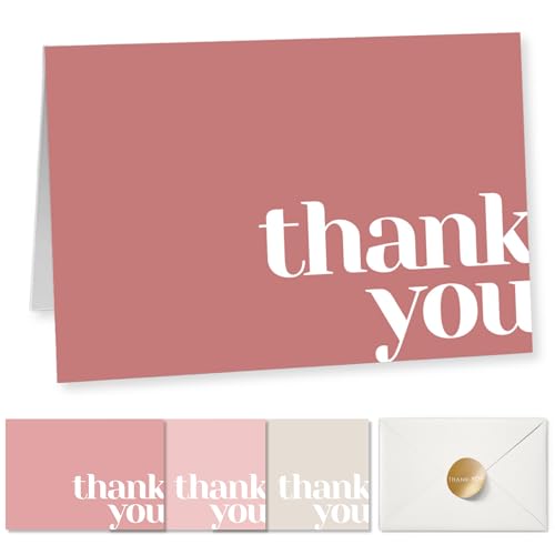 Paper Play Thank You Cards Bulk Pack of 40 Pink, 5x3.5 Inches with Matching Stickers & Envelopes, Minimalistic Design Suitable for Business, Baby Shower, Wedding, Small Business, Graduation, Funeral - color: Pink