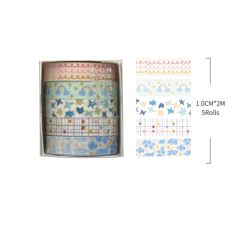 Cute Pattern Washi Tape Set 5 Rolls Glitter Cover Decorative Wide Kawaii Masking Tapes for Arts, DIY Crafts, Journals, Planners, Scrapbook, Wrapping (5 Soft Rainbow) - color: 5 Soft Rainbow