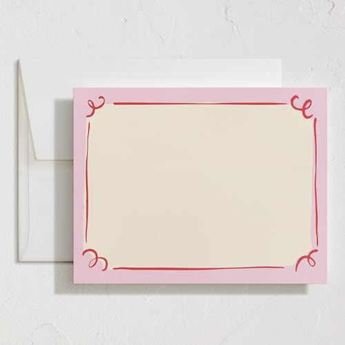 Minted Curly Corners Stationery Set, Set of 10, Flat Note Cards & Envelopes for Invitiations and Handwritten Thank You Messages, Pink Hand-Drawn Frame Design, Gifts for Women, Luxurious Paper - color: Curly Corners