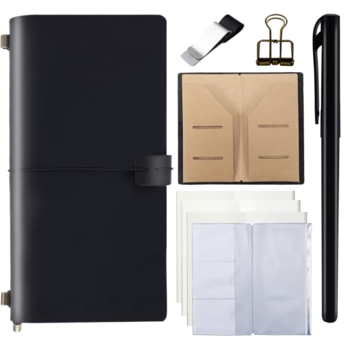 Leather Journal Travelers Notebook - 8.6 x 4.7 Inches Standard TN, Refillable Travel Journal with 3 Inserts, Zipper Pocket, Pen Holder, Binder Clip, Leather Notebook for Travel, Students, Office, Black - color: TNS-Black