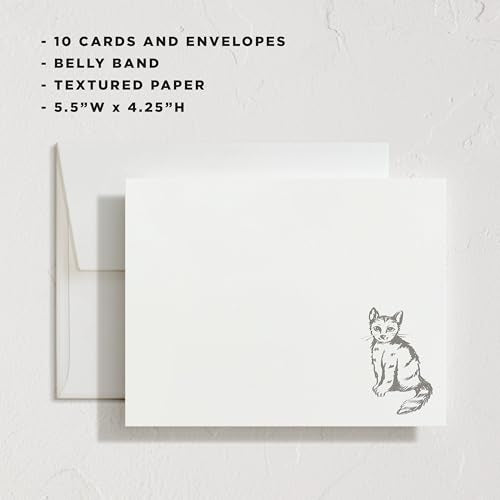 Minted Furry Friend Stationery Set, Set of 10, Flat Note Cards & Envelopes for Invitiations and Handwritten Thank You Messages, Black & White Cat, Gifts for Men & Women, Pet Lovers, Luxurious Paper - color: Furry Friend