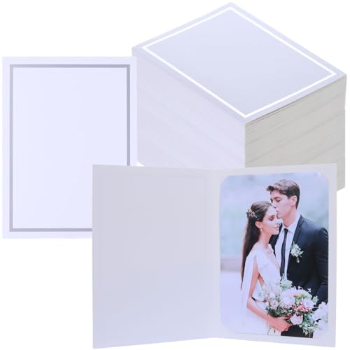 100 Pcs Photo Folders for 4x6 or 5x7 Pictures,Paper Picture Frames, Cardboard Greeting Photo Frame Cards for Father's Day,Christmas New Year Wedding Birthday Classroom DIY (White with Silver Foil) - color: 100CT - White