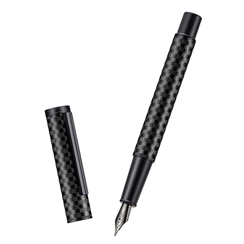 HONG DIAN Black Forest Pro Carbon Fiber Fountain Pen, Extra Fine Nib Modern Design Smooth Writing Pen with Converter and Metal Pen Case Set - color: Black Carbon Fiber, style: Extra Fine Point
