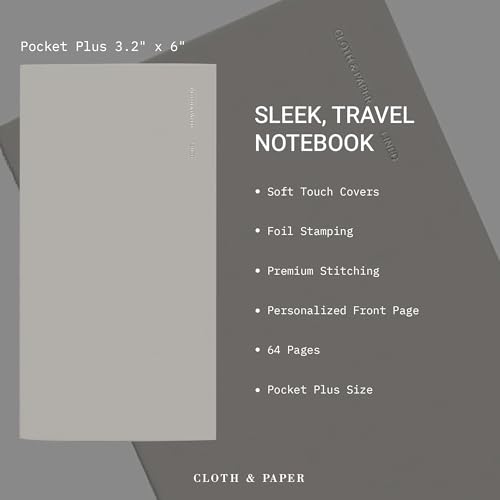 Cloth & Paper Travel Notebook | Lined Notes – Ash | Pocket Plus Lined Journal 3.2" x 6" | Writing Notebook, Journaling, Lists, Planning, Study Notes & Organized Writing – Soft Touch Cover - color: Ash