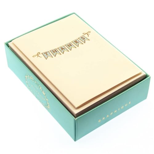 "Graphique Banner La Petite Presse Boxed Thank You Notes - 10 Embellished Gold Foil""Thanks"" Banner Blank Cards with Matching Envelopes, 3.25"" x 4.75""" (L1335CB) - color: Thanks Banner