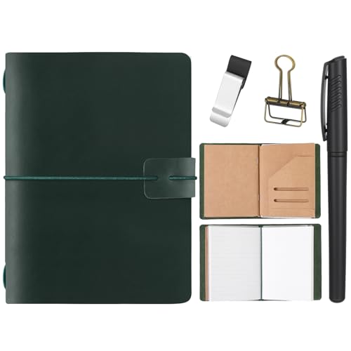 Thenshop Leather Travel Notebook 3 Inserts,Green,Passport Size | Refillable Travel Journal with Pen Holder and Clip, Passport Notebook Accessories for Organizing Notes, Handmade Diary - color: Green, size: Passport Size