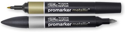 Winsor & Newton Promarker Metallic, Set of 2, Gold and Silver | Twin-tipped, Broad chisel nib for broad strokes & shading, Fine bullet tip for precision, Alcohol-Based Ink - color: Metallic, style: Set of 2