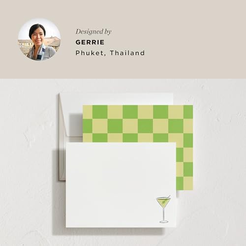 Minted Martini Stationery Set, Set of 10, Flat Note Cards & Envelopes for Invitiations and Handwritten Thank You Messages, Martini Design & Green Checkerboard Back, Gifts for Women, Luxurious Paper - color: Martini