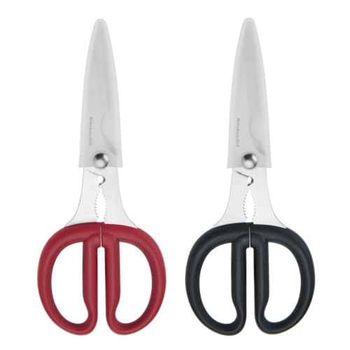 KitchenAid 2-Piece Multipurpose Shear Set – Versatile Scissors with Nutcracker, Bottle Opener, Ergonomic Handles with Protective Blade Covers - color: Red/Black, size: 2 Pack