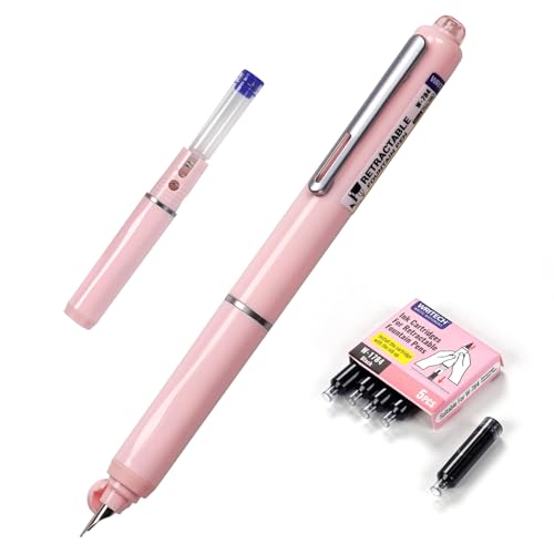 WRITECH Retractable Fountain Pen Set: Black Ink Fine Nib, 5 Refillable Ink Cartridges Included, No Leaking Smooth Writing for Calligraphy Journaling Gift (Pink) - color: Soft Pink Pen