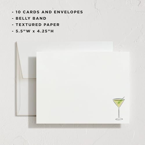 Minted Martini Stationery Set, Set of 10, Flat Note Cards & Envelopes for Invitiations and Handwritten Thank You Messages, Martini Design & Green Checkerboard Back, Gifts for Women, Luxurious Paper - color: Martini