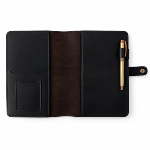 Genuine Leather A5 Journal Cover with Snap Closure – Handmade Refillable Notebook with Card Slots, Pen Holder, Travel Writing Diary for Office & Gift Use 5.75 x 8.25 (Black) - color: Black Leather Journal Cover