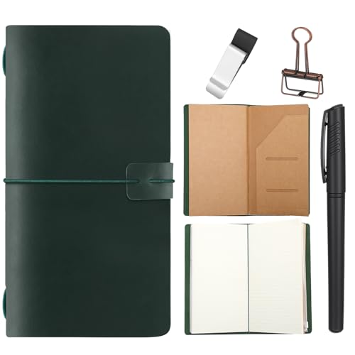 Thenshop Leather Travel Notebook 3 Inserts,Green,Stand Size | Refillable Travel Journal with Pen Holder and Clip, Passport Notebook Accessories for Organizing Notes, Handmade Diary - color: Green, size: Stand Size