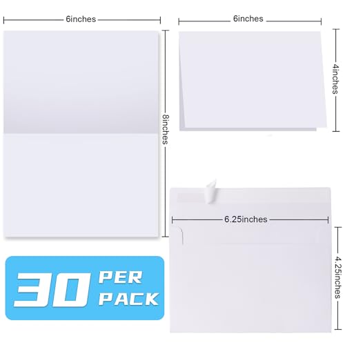 Blank Cards and Envelopes 4x6, 30 Pack White Invitation Card Stock with 30 Pack A4 Size, Self-Seal Thank you Blank Greeting Cards with Envelopes for All Occasion DIY, Print custom - color: White, size: A4 Envelopes & 4x6 Cards
