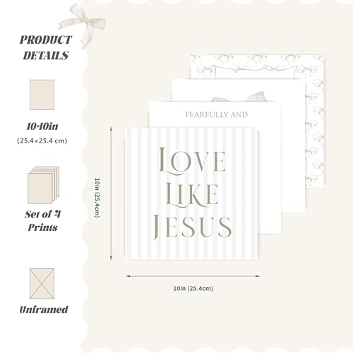 LARTSFRO Coquette Beige Bow Jesus Wall Art Decor Posters, Beige Bow Christian Room Bedroom Bathroom Wall Art Decor Aesthetic for Teen Girls Gifts, Inspirational Bible Verses Bow Wall Decor, 10x10 Inch Set of 4 Bow Pictures (UNFRAMED) - color: beige bow, s