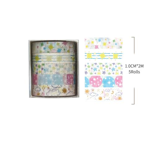 Cute Pattern Washi Tape Set 5 Rolls Glitter Cover Decorative Wide Kawaii Masking Tapes for Arts, DIY Crafts, Journals, Planners, Scrapbook, Wrapping (2 Star Sparkle) - color: 2 Star Sparkle