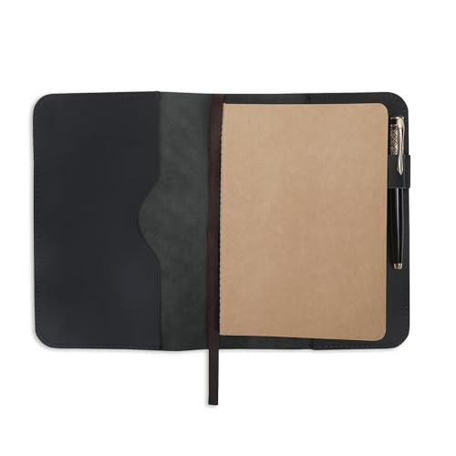Handmade Refillable A5 Leather Journal Cover 9 x 6 in, Black - color: Black