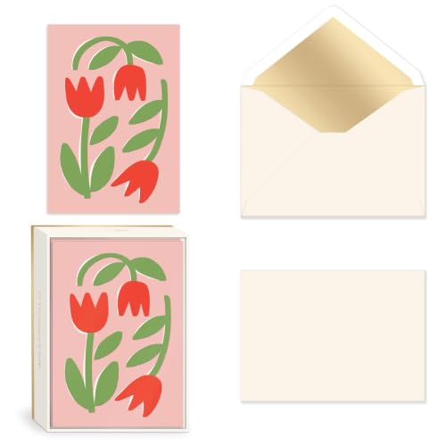 Lady Jayne Note Cards Set of 12 Boxed Embossed Cards with Gold Foil-Lined Envelopes, 3.5" x 5", Oversized Red Tulips - color: Tulips