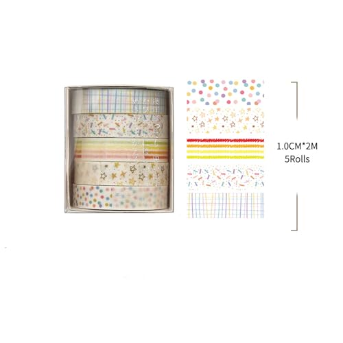 Cute Pattern Washi Tape Set 5 Rolls Glitter Cover Decorative Wide Kawaii Masking Tapes for Arts, DIY Crafts, Journals, Planners, Scrapbook, Wrapping (9 Dots & Stars) - color: 9 Dots & Stars