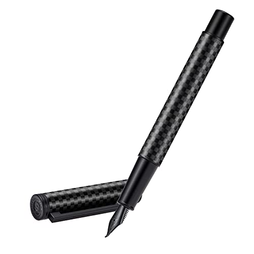 Hongdian Black Carbon Fiber Fountain Pen, Bent Nib Fude Pen for Calligraphy Writing (Fine to Broad) with Converter and Metal Pen Box Set - color: Carbon Fiber, style: Bent Point