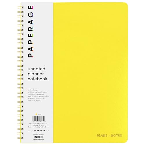 PAPERAGE Undated Daily Planner & To Do List Notepad (Yellow), 8.5 in x 11 in, Spiral Bound Planner Notebook for Work, School or Home, 104 Lined Pages With Date Tracker for Plans & Notes - color: Yellow, style: Spiral Large