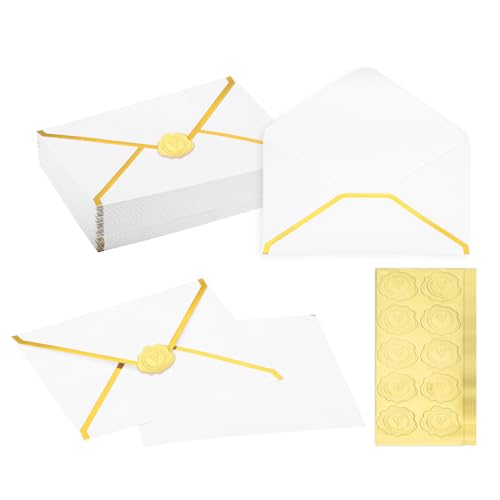 PATIKIL 50 Pcs A7 Envelopes, 5 x 7" Gold Border Invitation Envelopes Mailing Party Envelope for Wedding Invitation Cards Greeting Graduation Birthday Office, White - color: White